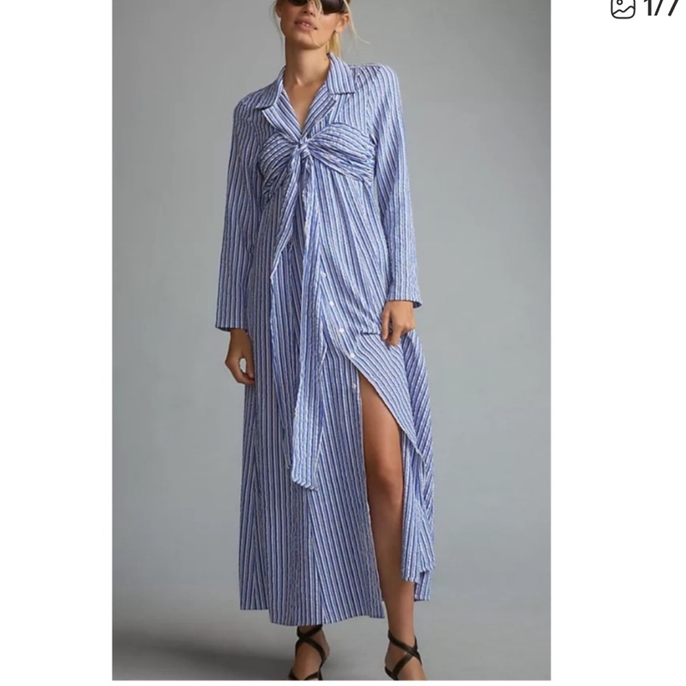 Anthropologie Porridge Tie-Front Shirt Dress Parisian Blue Striped Maxi Size L